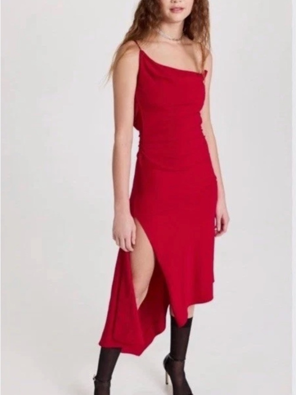 MONSE Red Asymmetrical Slip Dress with High Side Slit